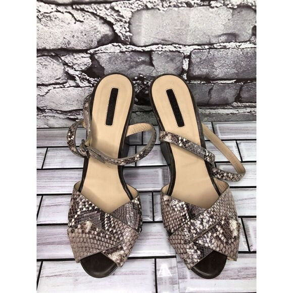 Longchamp Gray Taupe Snake Skin Leather Peep Toe Wedge Strap Sandals Women Sz 38 - Picture 2 of 16